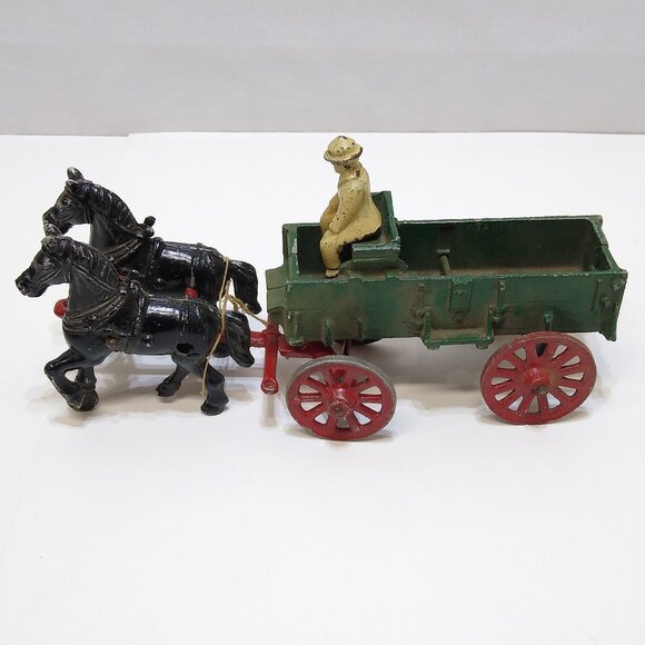 Stanley Toy Co. Horse Drawn Farm Hay Work Cast Wagon w/Driver Toy Is Damaged